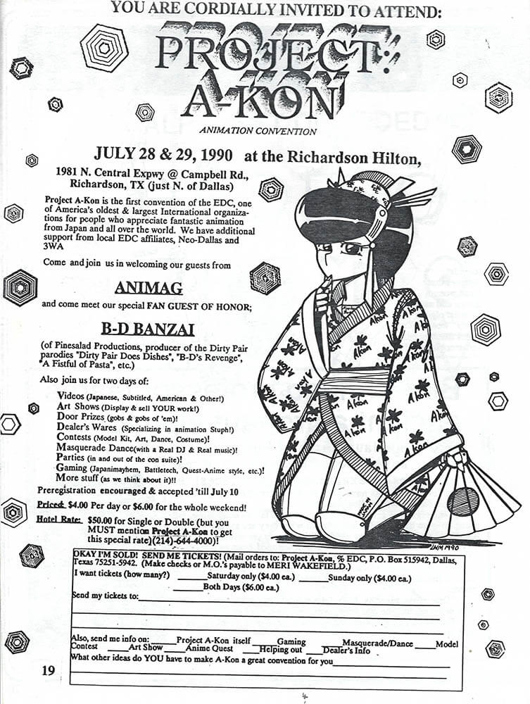 An ad for the first Project A-kon in 1990. Pre-reg is only $6 for the whole weekend!