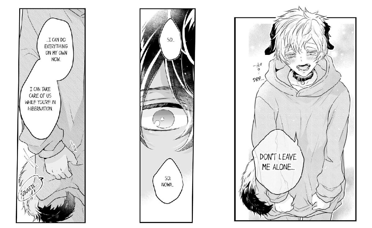 Manga panels showing Airi tearfully pleading to not be left alone.