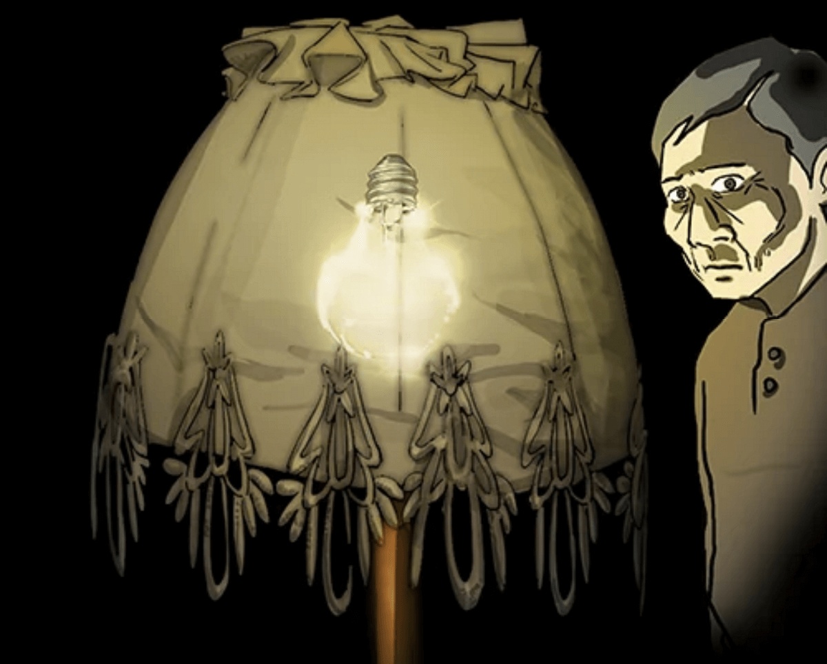 A scene from Kang Full's comic Light Shop. A lightbulb shines from a lamp with an ornate shade with lace fringes. A shadowy old man stands in the background. Behind them is pitch black.