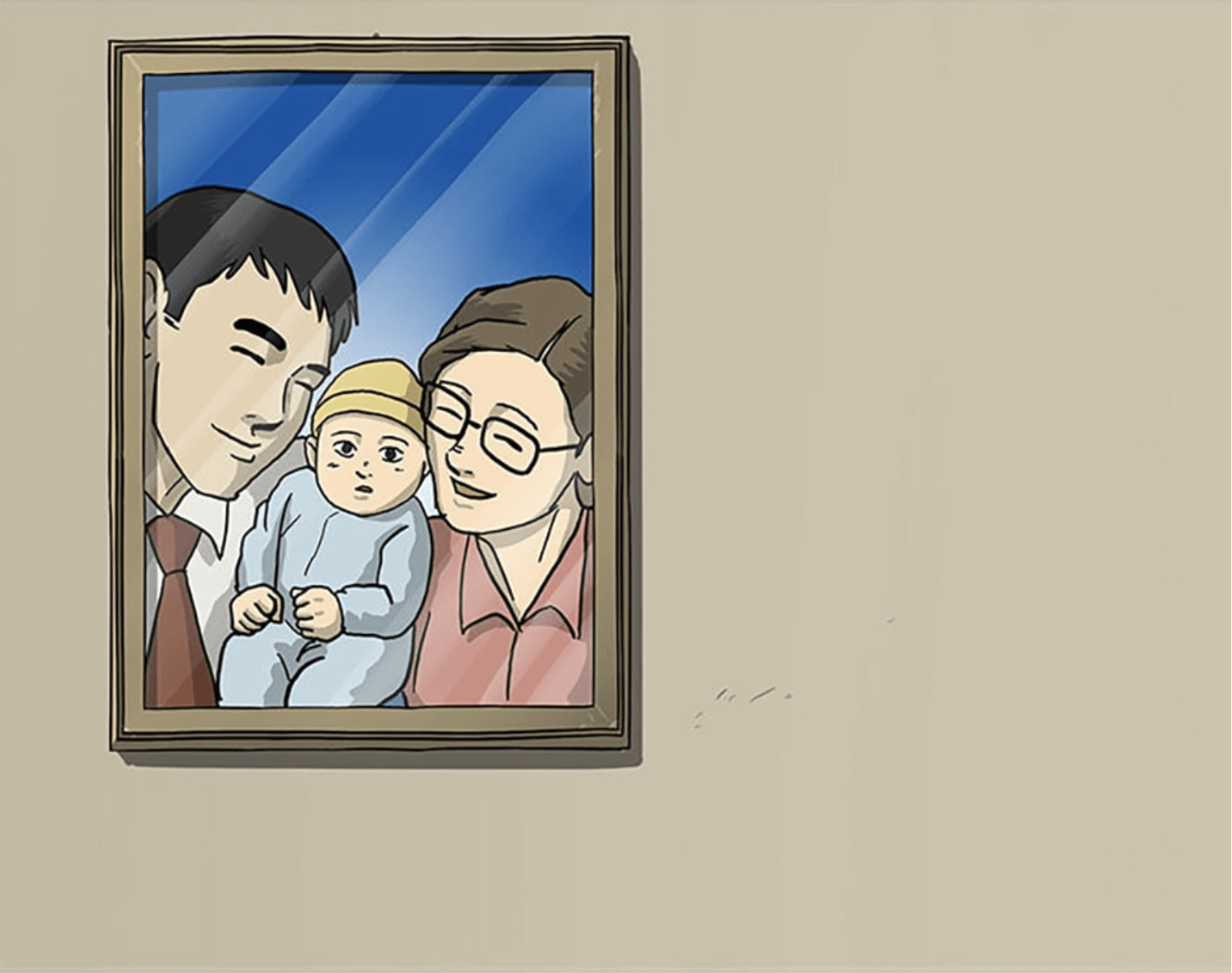 A panel from the comic Moving. A husband, wife and their baby pose in a photo against a blue backdrop. They look happy. The woman is wearing glasses and the baby has a yellow sock hat. The photo is mounted on a beige wall. 