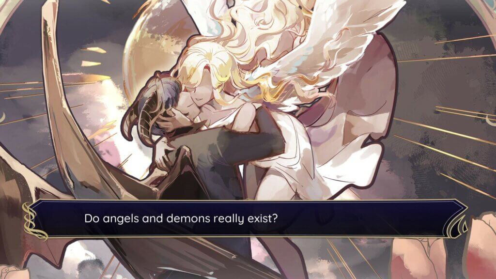 An angel and a demon hugging each other in a gorgeous cinematic scene. A text box reads: Can Angels and Demons really exist?