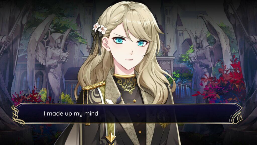 A blond woman in a fancy black and golden school uniform stands in the middle of the room. A text box reads: I made up my mind.