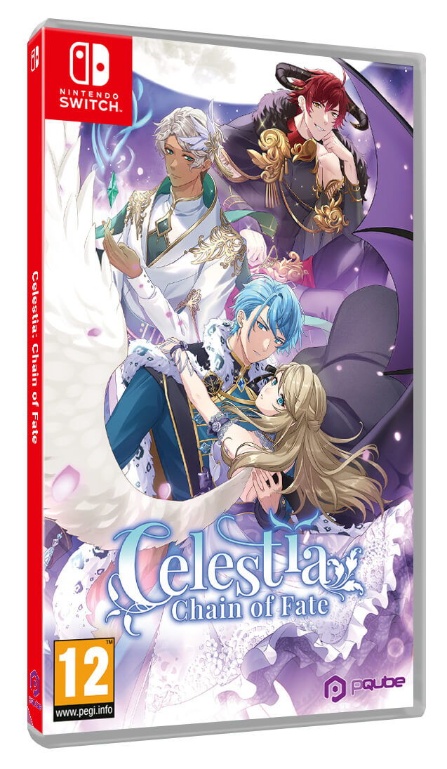 A copy of Celestia: Chain of Fate for Nintendo Switch. It features three handsome boys in frame holding a fancily dressed blond woman close.