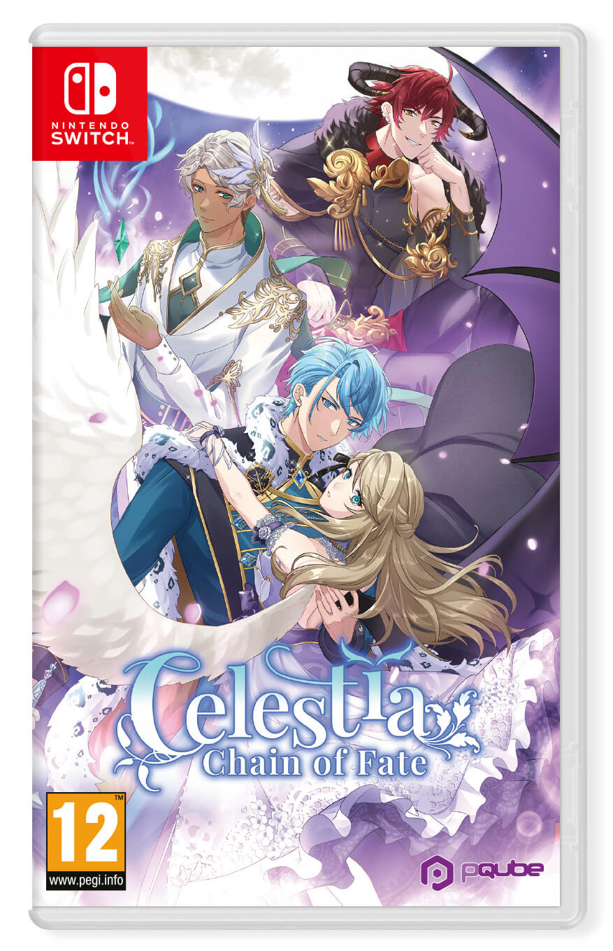 A copy of Celestia: Chain of Fate for Nintendo Switch. It features three handsome boys in frame holding a fancily dressed blond woman close.