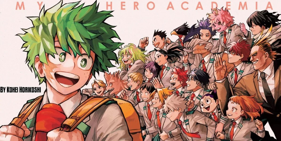 A My Hero Academia color spread featuring Class 1-A in their school uniforms after the final fight.