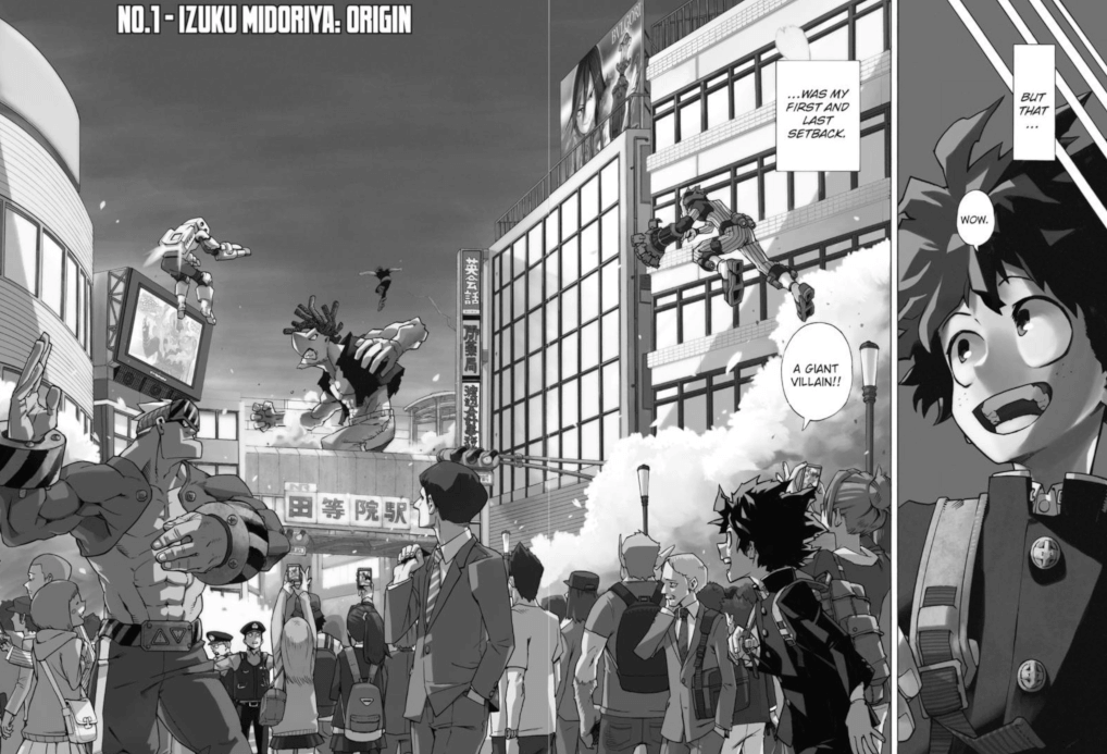 The Opening spread of My Hero Academia featuring Izuku looking at heroes fighting a giant villain in a cityscape.