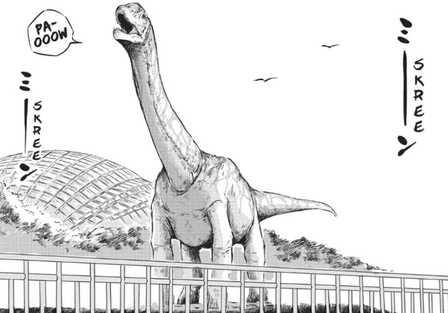 A scene from Dinosaur Sanctuary. A large camarasaurus stands behind a fence and cries "PA-OOW." Birds cry in the distance. Behind the creature is the rest of DinoLand.