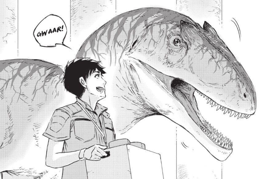 A scene from Dinosaur Sanctuary. A DinoLand employee holds a box as he looks up at an allosaurus on his right. The allosaurus cries, "GWAAR!"