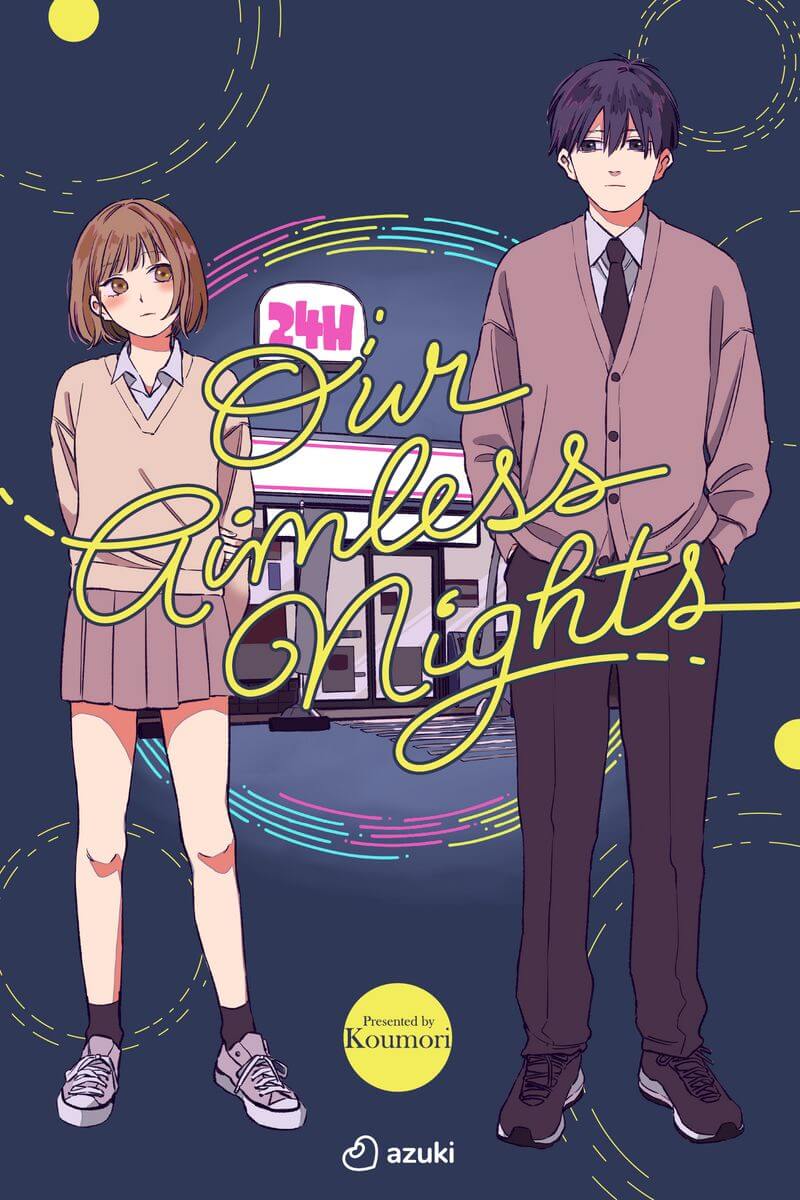 Our Aimless Nights volume 1 cover. A boy and a girl wearing high school uniforms stand next to each other. They are subtly eying each other. A convenience store is behind them, which is lit up in the dark evening.