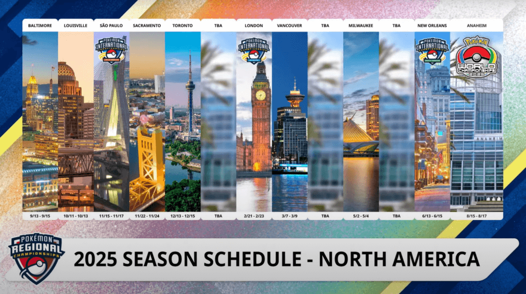 The 2025 North American season schedule. Baltimore 9/13-9/15, Louisville 10/11-10/13, São Paulo for the Latin American International Championships 11/15-11/17, Sacramento 11/22-11/24, Toronto 12/13-12/15, TBD, London for the European International Championships 2/21-2/23, Vancouver 3/7-3/9, TBA, Milwaukee 5/2-5/4, TBA, New Orleans for the North American International Championships 6/13-6/15, Anaheim for the 2025 World Championships 8/15-8/17.