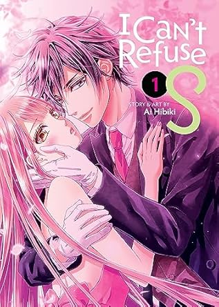 The front cover of I Can’t Refuse S volume 1. Miku, in a low back pink dress, is being held closely by Kamishiro, who is wearing a suit and butler gloves. His left hand is cupping her face. Both characters are looking toward the reader.