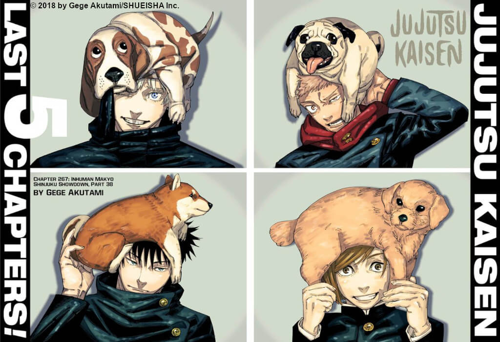 Gojo, Yuji, Megumi, and Nobara with dogs on their heads.