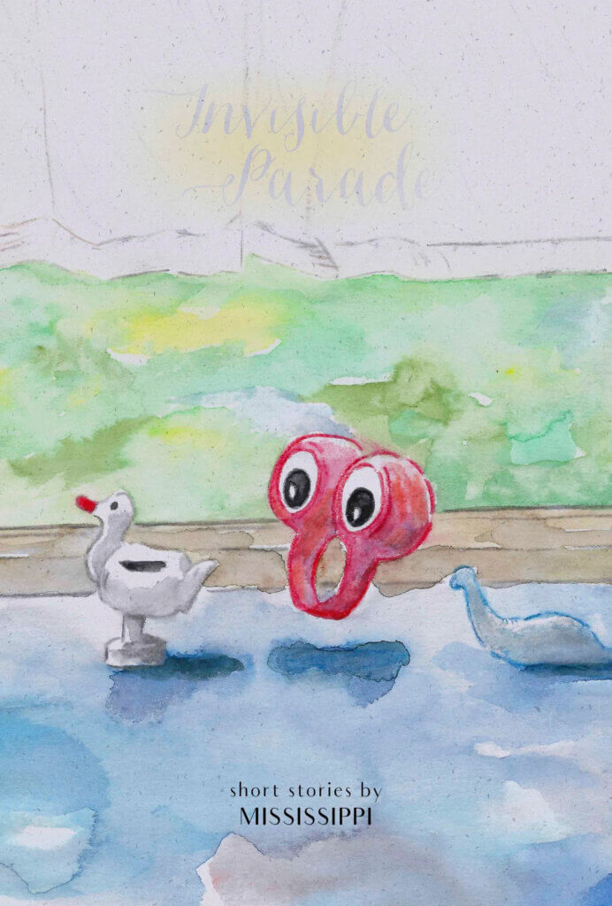 The cover of Invisible Parade. A strange red creature with large eyes floats over a puddle of blue water. It stares at a white duck, while another creature on its right stares at it.