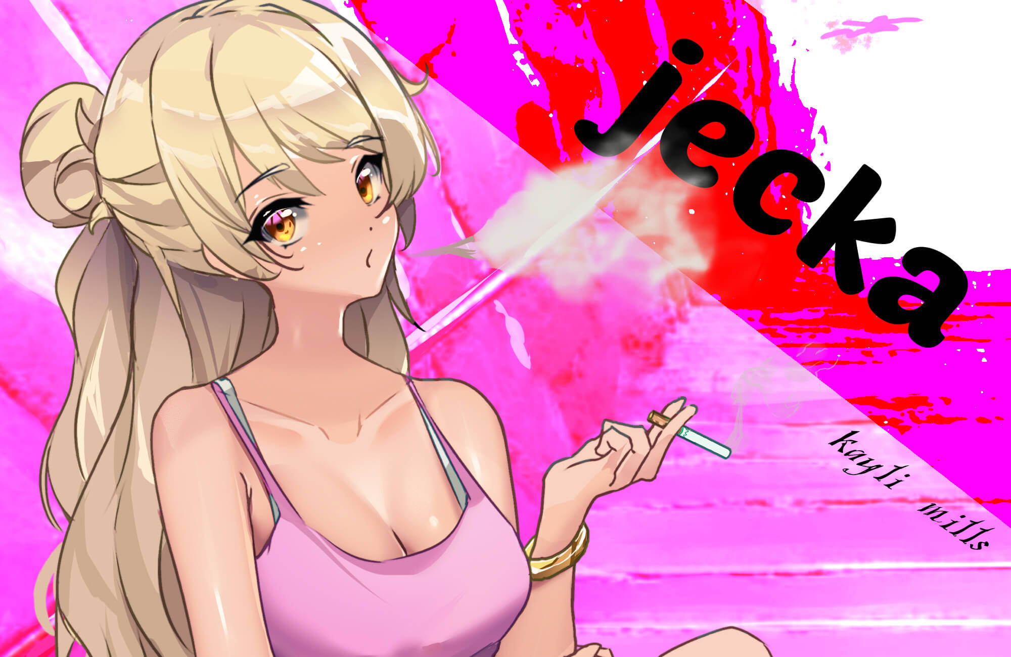 A still image of Jecka, the lead of the last Class of 09 game, smoking. She’s in a pink top and looking side-eyed at the camera in front of a graphic pink background.