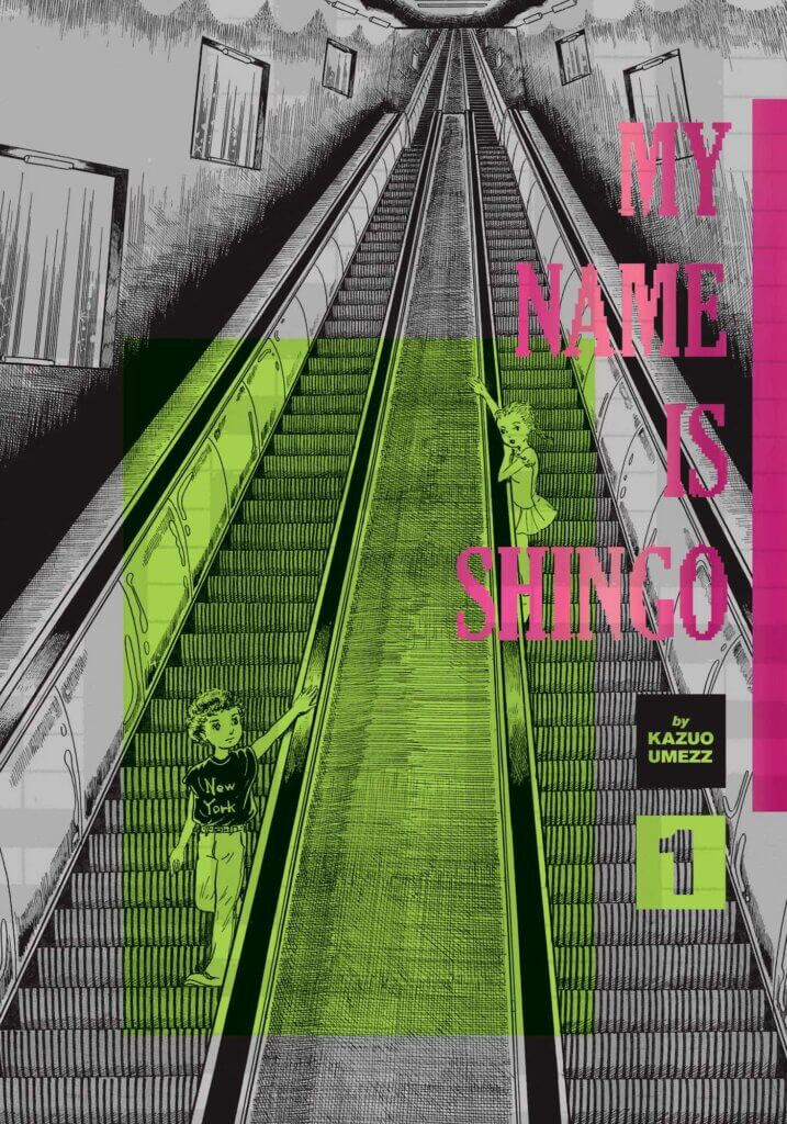 The cover for My Name is Shingo by Kazuo Umezz. A young boy and girl stand on long escalators going in opposite directions, as they reach their hands out to each other. The cover is in black and white, save for the pink of the title and a yellow rectangle on the lower left.