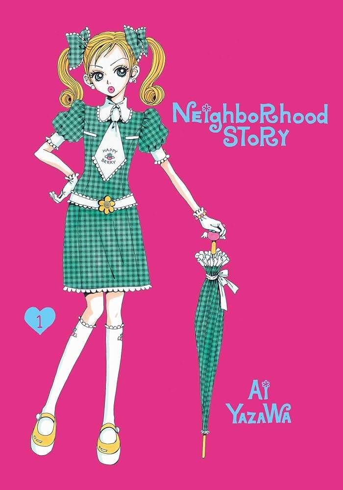 The cover of Neighborhood Story by Ai Yazawa. The protagonist Mikako wears a checkered green dress and her hair in pigtails. She stands resting on a checkered green umbrella.