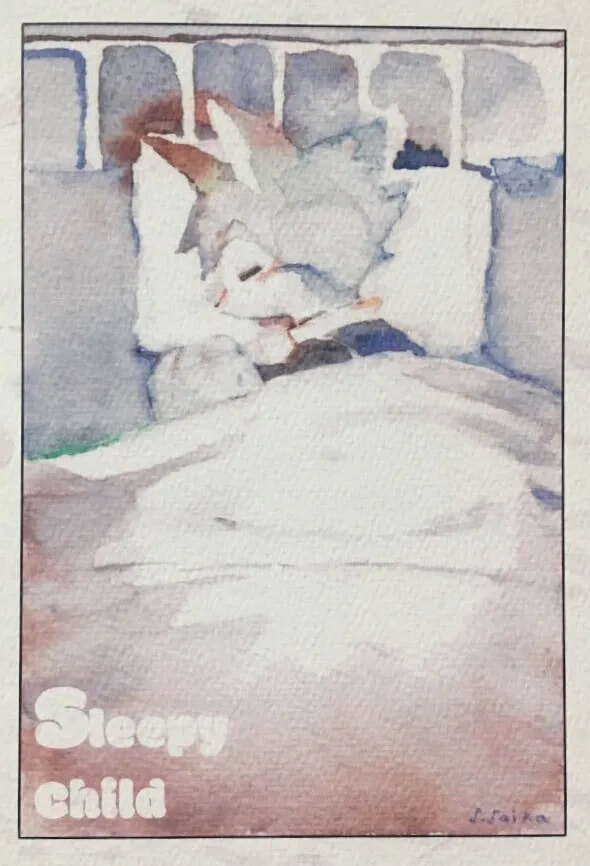 Cover for Sleepy Child. A small animal-like humanoid with big fluffy ears lies under the covers in bed, his head on the pillow.