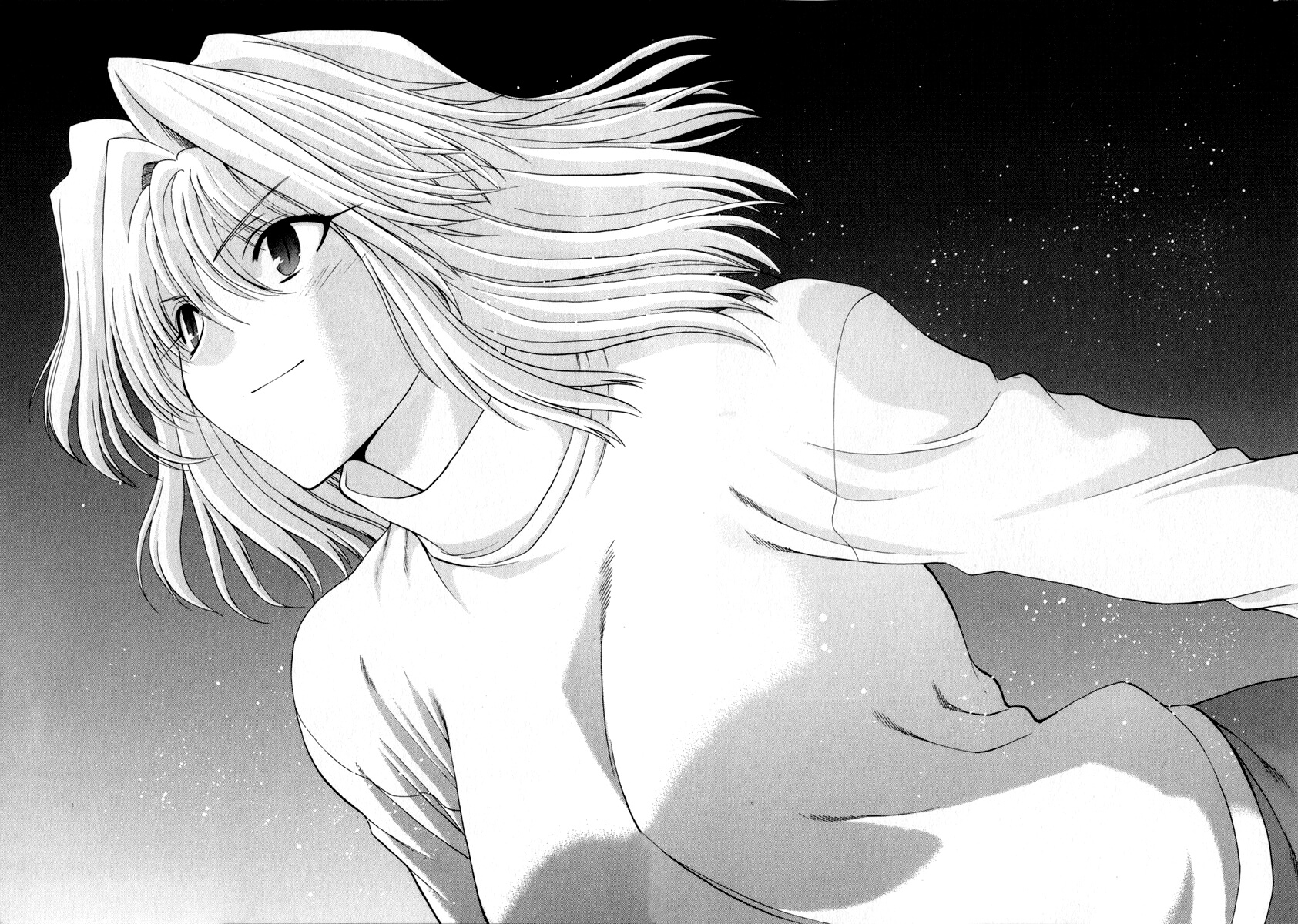 Alt text: a full-page spread from the manga of Arcueid, hair in the wind