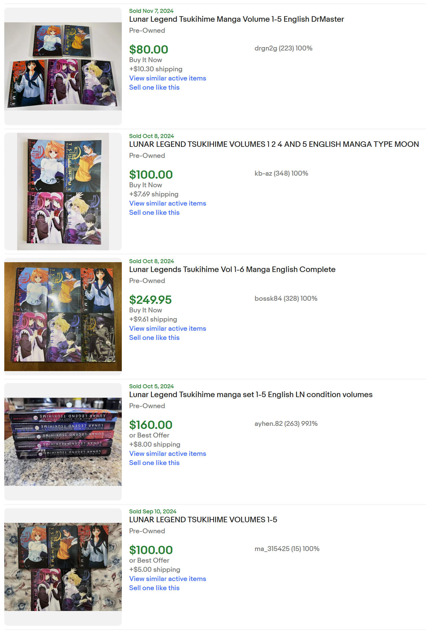 Five sold listings for “Tsukihime manga English” on eBay, sorted by date ended. Screenshot taken by the author on November 27, 2024. The listings are as follows: Volumes 1–5 for $80 (and $10.30 shipping), volumes 1,2,4, and 5 for $100 (and $7.69 shipping), volumes 1–6 for $249.95 (and $9.61 shipping), volumes 1–5 for $160 or best offer (and $8 shipping), and volumes 1–5 for $100 or best offer (and $5 shipping).