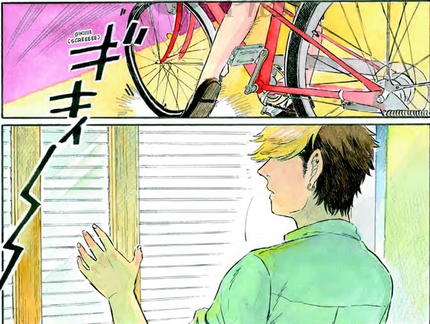 A man with dyed blonde hair and pierced ears looks through his blinds at a woman riding a red bike against a pink and yellow backdrop.