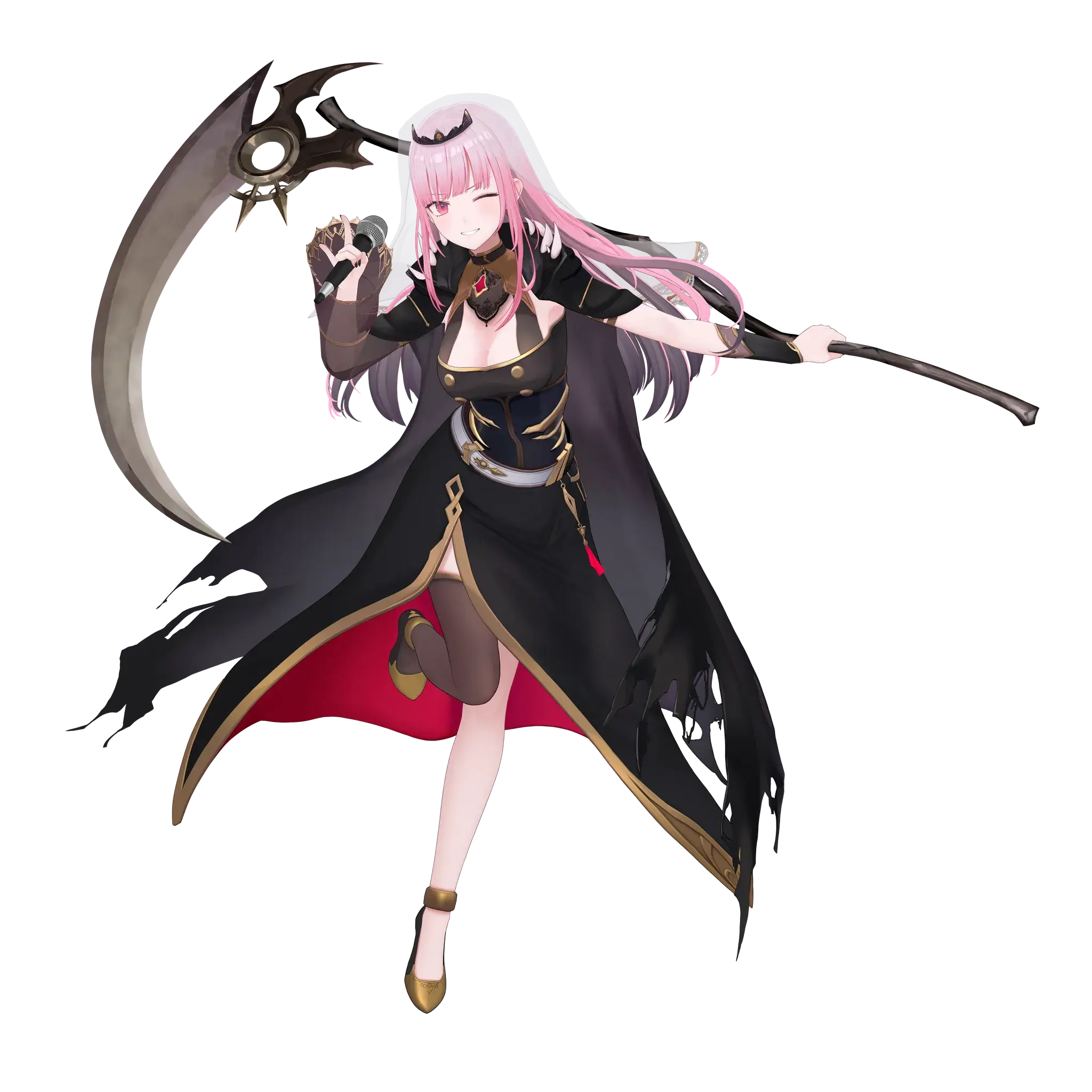 Mori Calliope, a pink-haired grim reaper idol. She’s holding a microphone up to her mouth with her right hand while her left holds a bat stylized scythe over her shoulder. She’s wearing a black, gothic gown and winking while smiling.