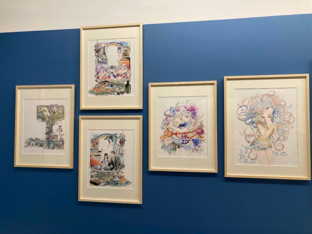 A set of framed and mounted illustrations from Aki Irie’s series Ran and the Grey World. The majority depict Ran, the heroine of the story, in both her child and adult forms.