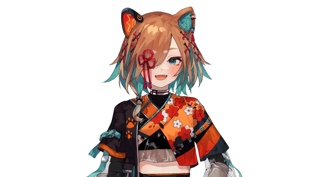 Shiki Miyoshino, a fox girl VTuber. Her orange garb is evocative of a ceremonial Japanese outfit. Her hair is brown, covers one of her eyes, and she's smiling. One of her fox ears has a blue inner coloring, and the other is cybernetic and has an orange inner coloring.