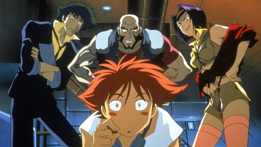 Image is the main cast of Cowboy Bebop, a scruffy haired guy in a suit and tie (Spike), a bald headed muscled guy in a red shirt and blue vest (Jet), a brunette young woman wearing a a yellow headband, a yellow tank top, a red sweater tied at the waist, yellow shorts, and orange leggings (Faye), and a scruffy redheaded girl with light brown skin and amber eyes wearing a white shirt. All of them have shocked or confused expressions.