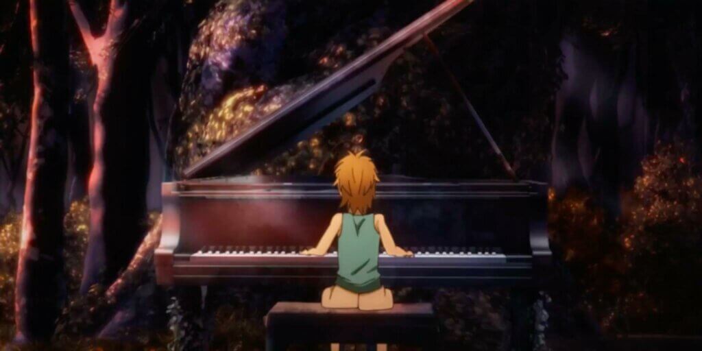 Image is of a scruffy haired blonde boy wearing a blue tank top and purple pants playing a grand piano in the middle of the forest at sunset