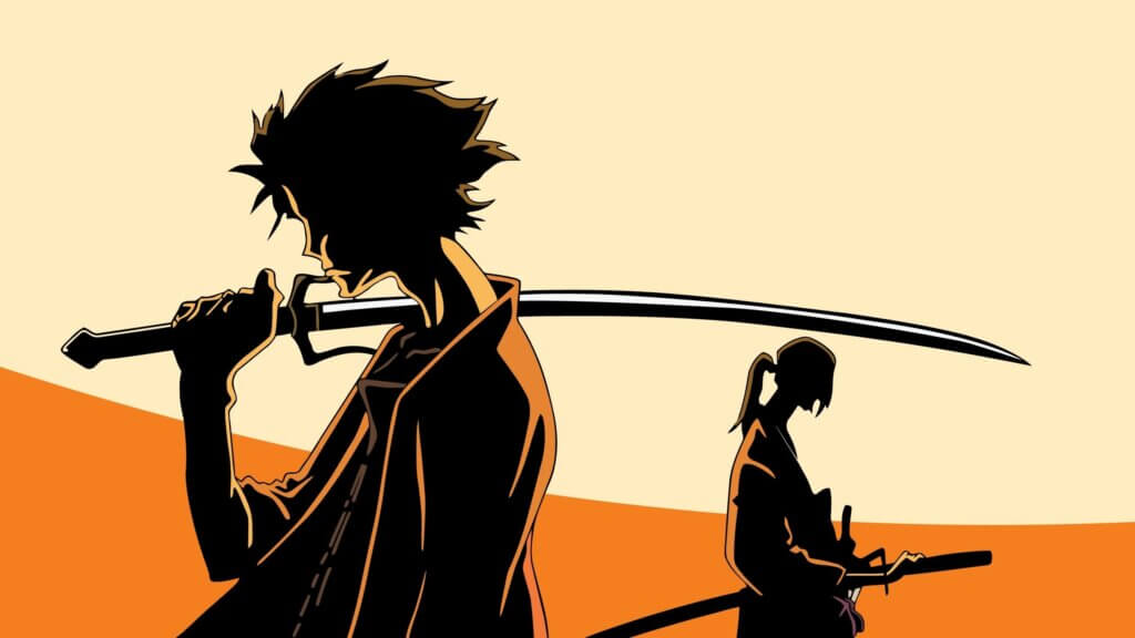 Image is the silhouettes of two samurais, Mugen and Jin, holding long samurai swords. They are standing against a white and orange background.