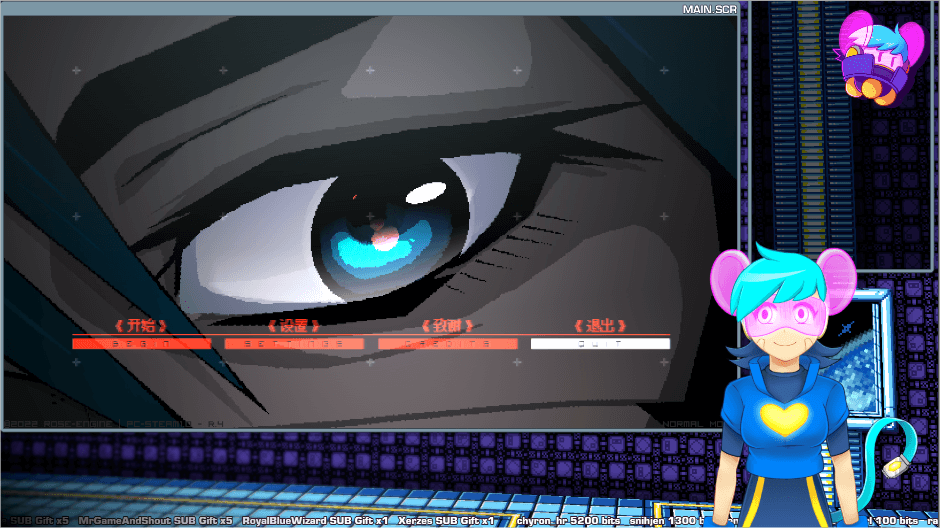Alex Zandra, a blue haired cyber-mouse VTuber with a yellow heart on the center of her blue jacket. She's in the corner of the screen while a larger, anime-styled eye looks down at her. 