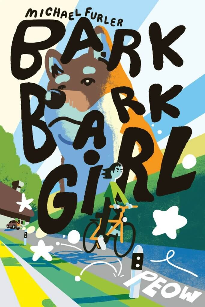 The cover of Bark Bark Girl by Michael Furler. A woman rides a bike along her neighborhood street. The face of a large shiba inu can be seen above her.