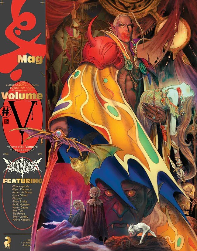 The cover of EX.Mag Volume 5. A vampire with a bloody mouth wearing a long and ornate orange robe stands against an elaborate background. His robe resembles a bat’s talons. He holds a winged red sword in his left hand and a woman in his right, who has fainted. Under him can be seen various other vampiric figures, a bat, and a red moon.