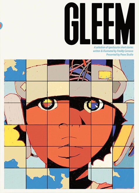 The cover of GLEEM by Freddy Carrasco. Below the title is a six-by-six square mosaic representing a black boy wearing headphones interposed with wires, yellow clouds, and blue sky.