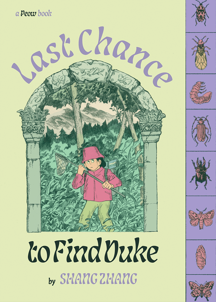 The cover of Last Chance to Find Duke by Shang Zhang. A man stands in the jungle while wearing a backpack and holding a bug-catching net. He is wearing a red bucket hat and jacket as well as green pants. To the right is a column of insect drawings.