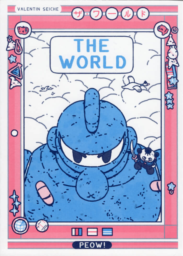 The cover of The World by Valentin Seiche. A robot with two angry eyes can be seen framed by an orange rectangle. Birds are flying behind the robot; a comparatively tiny person with a sword stands on his right shoulder. The robot is also covered in bandages. At the top of the cover is the katakana “ZA WAARUDO.”