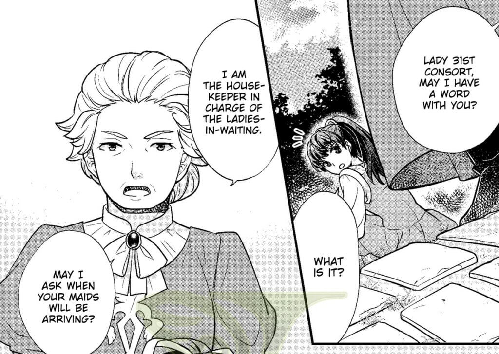A much more mature woman in fine work clothes chastises the main character, Felia, on when her maids are to arrive. 