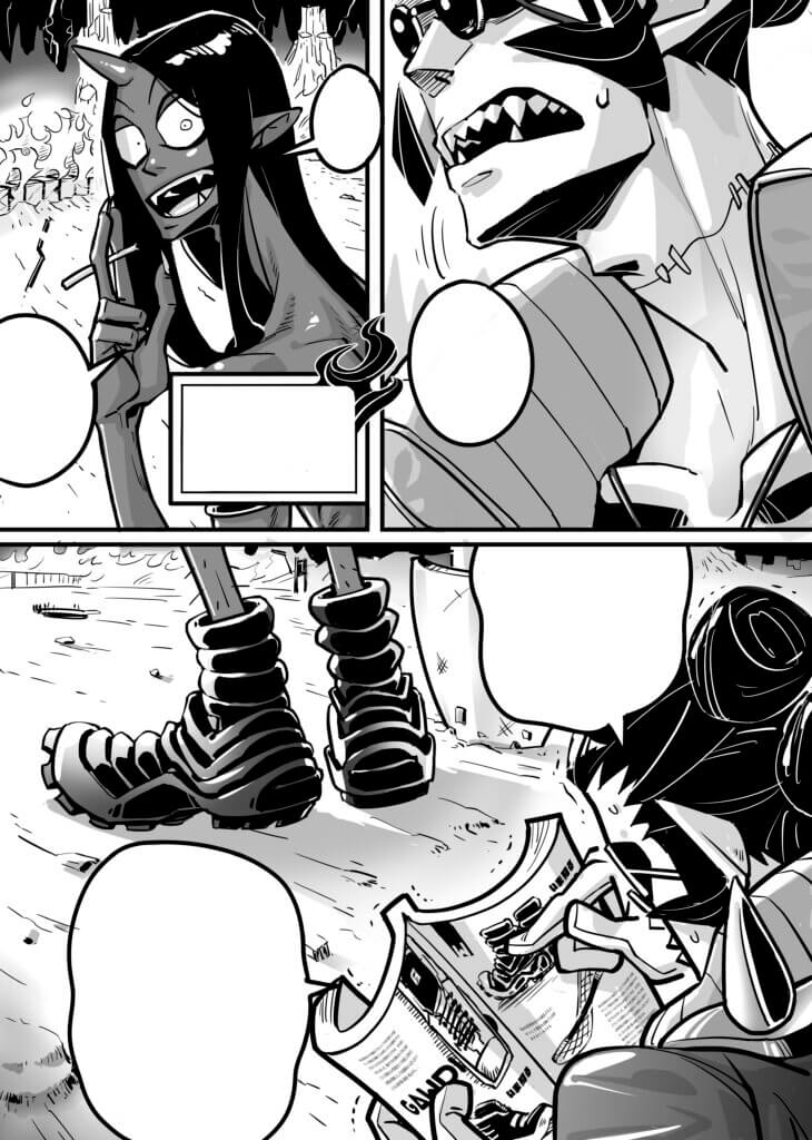 A page from Zigoku’s Foreman. Two-horned beings speak to each other. One of them is smoking, the other is reading a book.