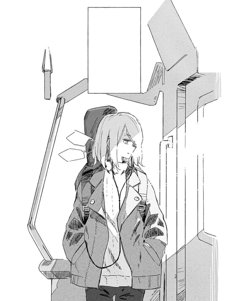 A page from ALTERNATIVE[SELF LINER NOTE]. A woman wearing a jacket and a guitar case slung over her shoulder stands inside of a subway car.