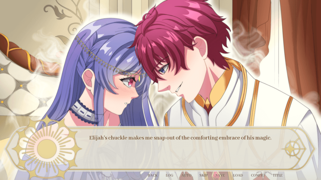 a screenshot of the game Saintess of the golden bow where the main character and one of the romantic interests touch heads together. the text reads "Elijah's chuckle makes me snap out of the comforting embrace of his magic"