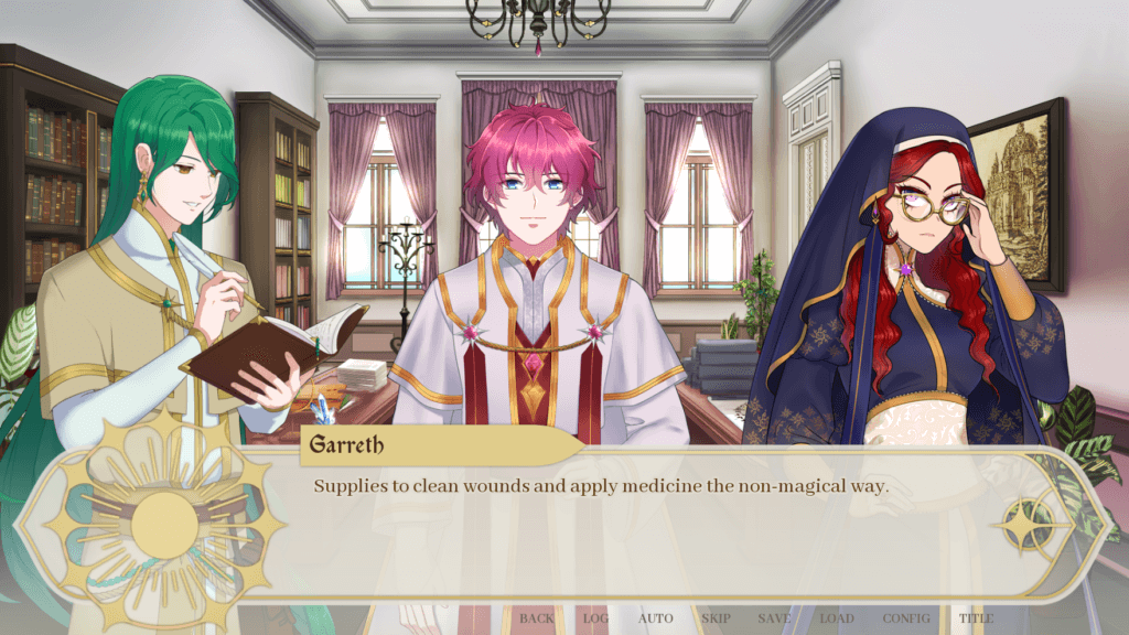a screenshot of the game Saintess of the golden bow where three of the characters discuss options for helping an injured party of refugees. The text reads "Supplies to clean wounds and apply medicine the non-magical way"