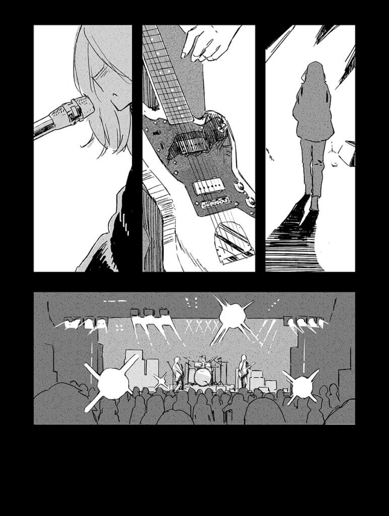 A page from ALTERNATIVE[SELF LINER NOTE]. A woman performs with her guitar at a live concert.