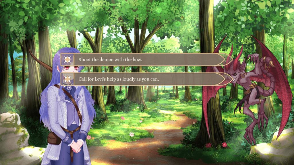 a screenshot of the game Saintess of the golden bow where the main character given the option to either fire an arrow at a demon or call her friend for help.