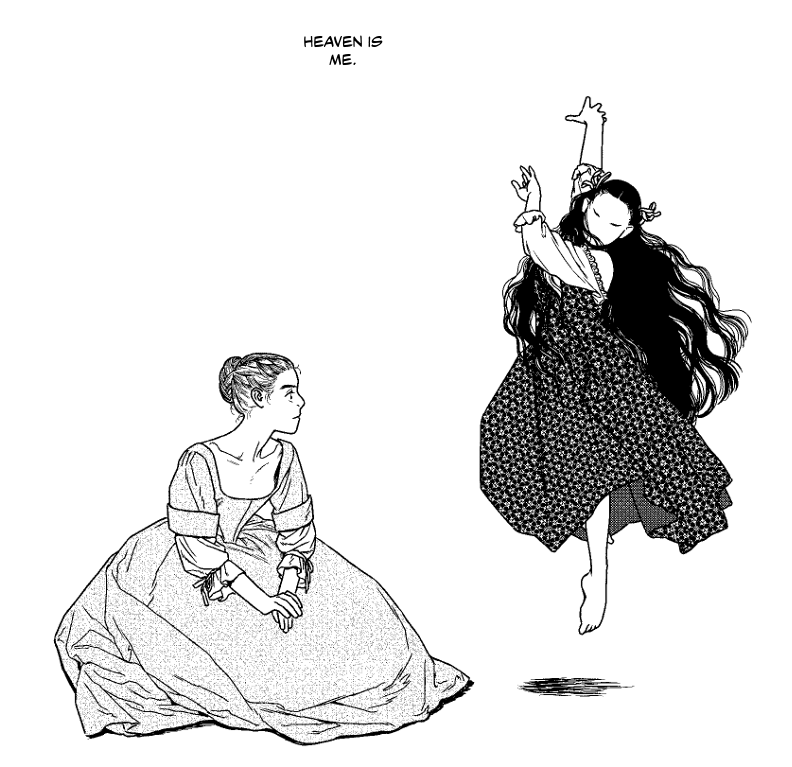 Sahara leaps, while Amelie sits and watches. Sahara is frozen in mid-air, foot floating above the ground, her hands reaching towards the sky. Her hair is unbound and her dress is patterned. A caption reads, “Heaven is me.”