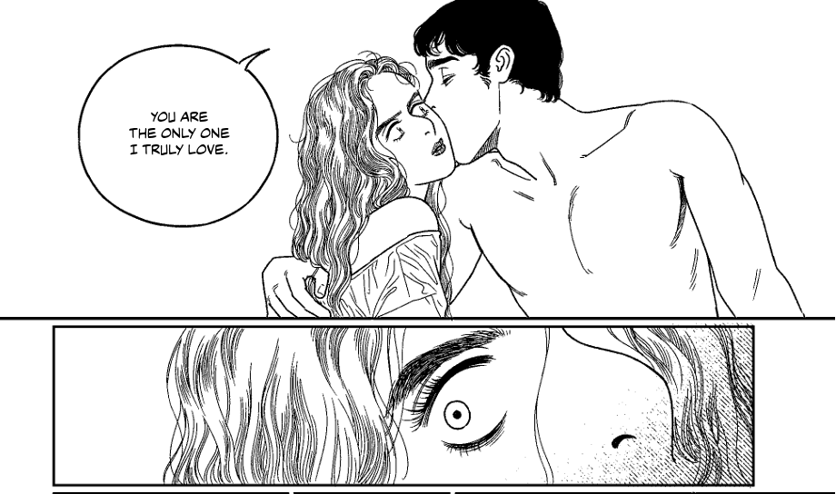 Hans, a handsome Dutch merchant, kisses Amelie. He is naked. “You are the only one I truly love,” he says. The next panel is a close-up on Amelie’s desperate left eye.