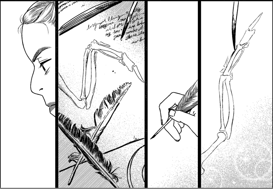 Amelie sketches a bird wing skeleton. Panels cross-cut between her face, drawings of bones and nearby feathers, her hand holding a quill pen, and the tip drawing the bone.