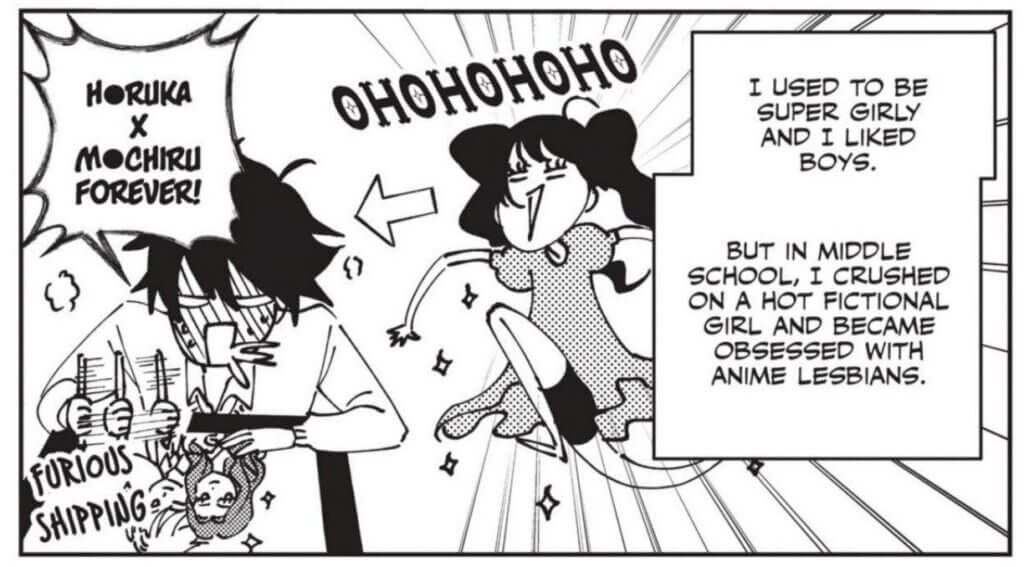 Panel showing a young Mieri in a frilly dress with long pigtails, saying “ohohohoho”, contrasted beside an older, short-haired Mieri blushing and frantically drawing art on her tablet. A text box reads “I used to be super girly and I liked boys. But in middle school, I crushed on a hot fictional girl and became obsessed with anime lesbians.” Older Mieri has a spiky speech bubble that says “H*ruka and M*chiru forever!”