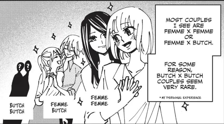 a lineup of couples, showing femme/femme, followed by femme/butch, and finally two shadowing figures with question marks for faces labeled as butch/butch. A text box says, “Most couples I see are femme x femme or femme x butch. For some reason, butch x butch couples seem very rare. *My personal experience.”