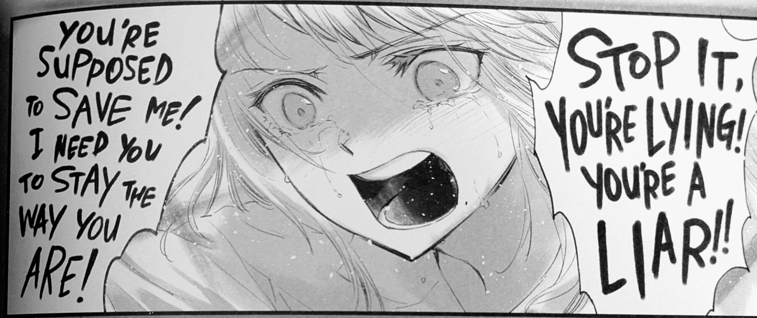 A girl in tears, bending over an unseen person to scream at them. The typography is bold and wild. “Stop it, you’re lying! You’re a liar!! You’re supposed to save me! I need you to stay the way you are!” 
