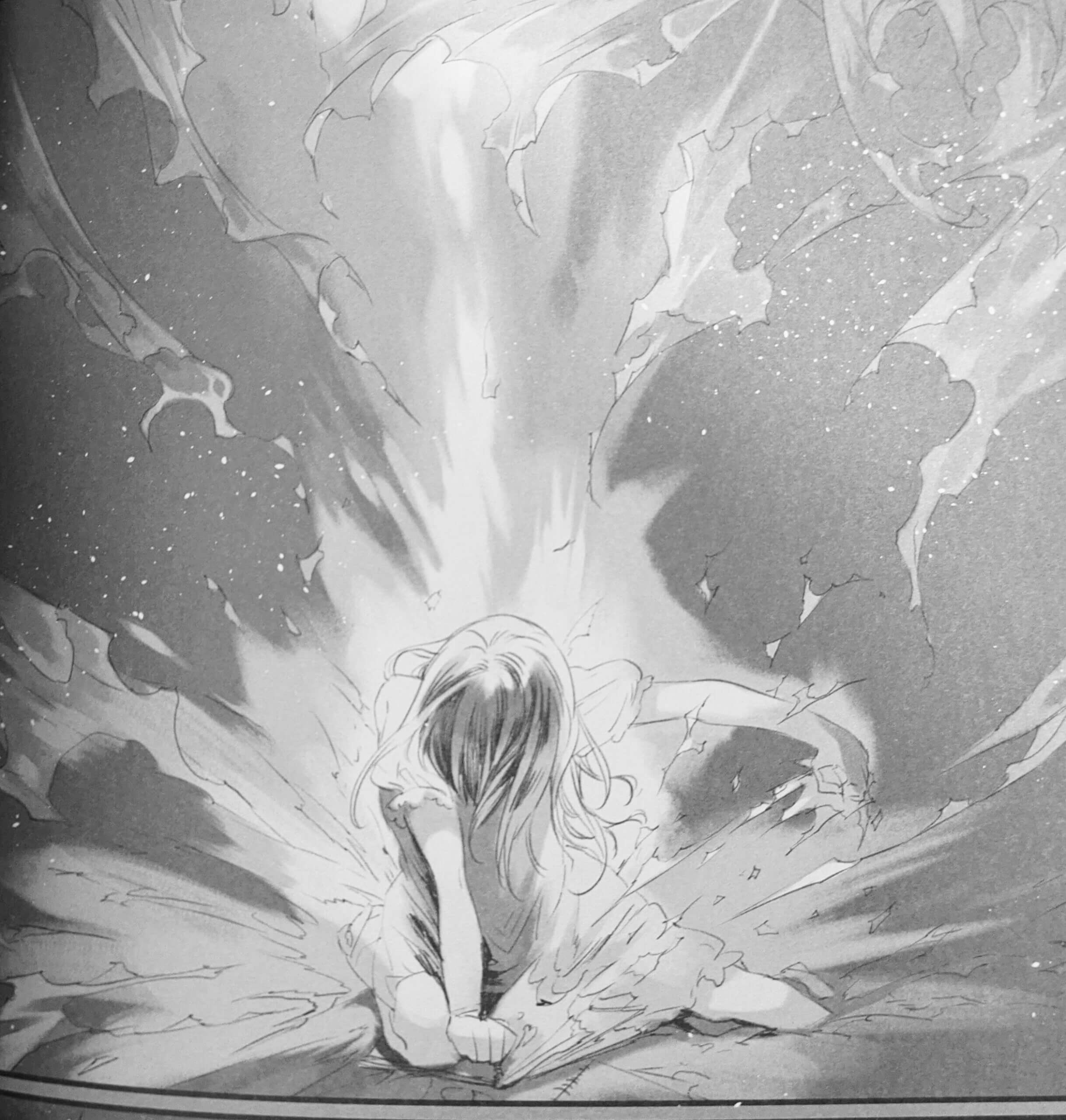 An image of a girl ripping down a silkscreen as she falls to her knees, it looks as though she is ripping through the page itself, stripping something that was between her and the viewer